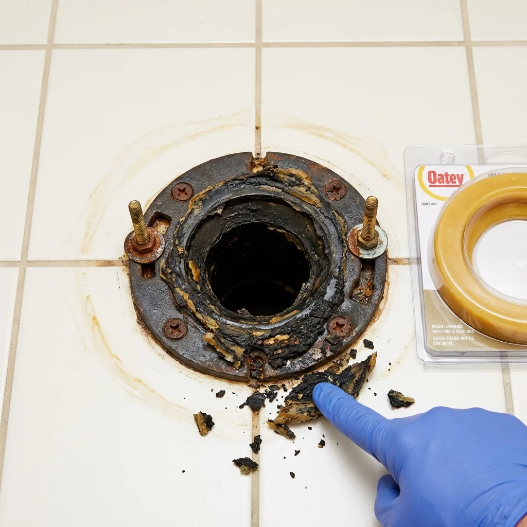 Failed wax ring showing water seepage at the base of a toilet in a Wilmington, OH home