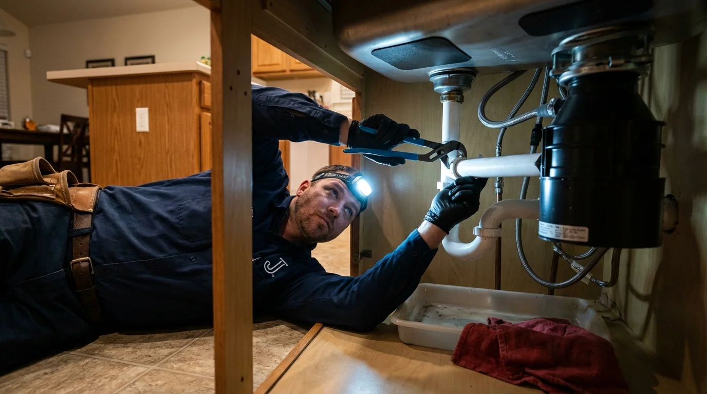 P-trap and supply line connections under a kitchen sink showing a common leak point in Wilmington, OH